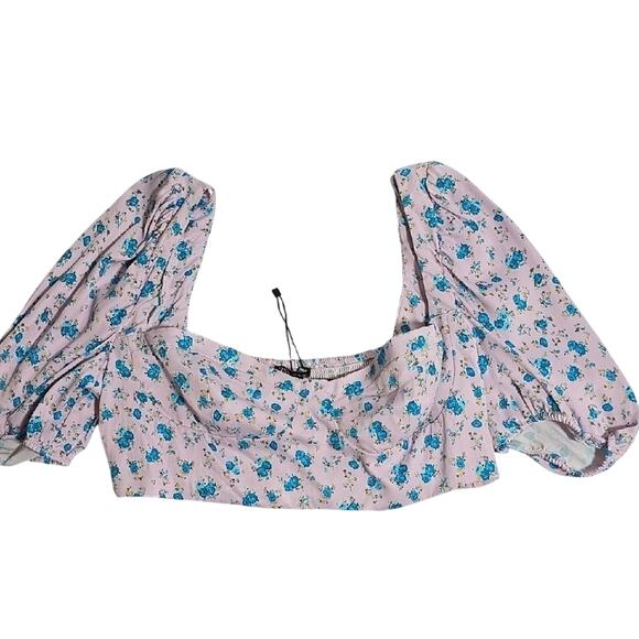Zara Sz XXL Floral Cropped Babydoll Coquette Feminine NWOT Lined Puff Sleeve Top - Picture 1 of 14